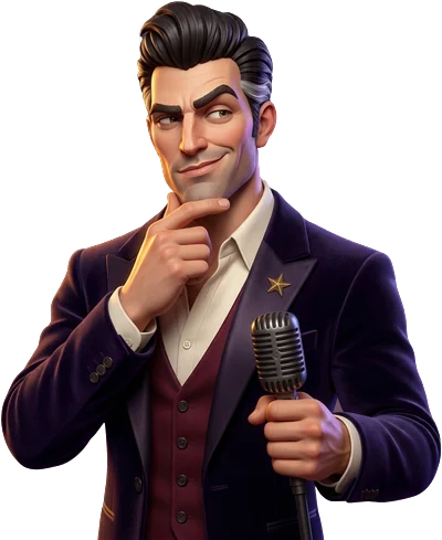 Bruce, City Clue's cartoon comedian host, holding a microphone.