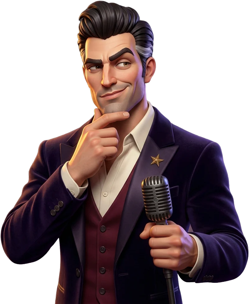 Bruce, City Clue's cartoon comedian host, holding a microphone.