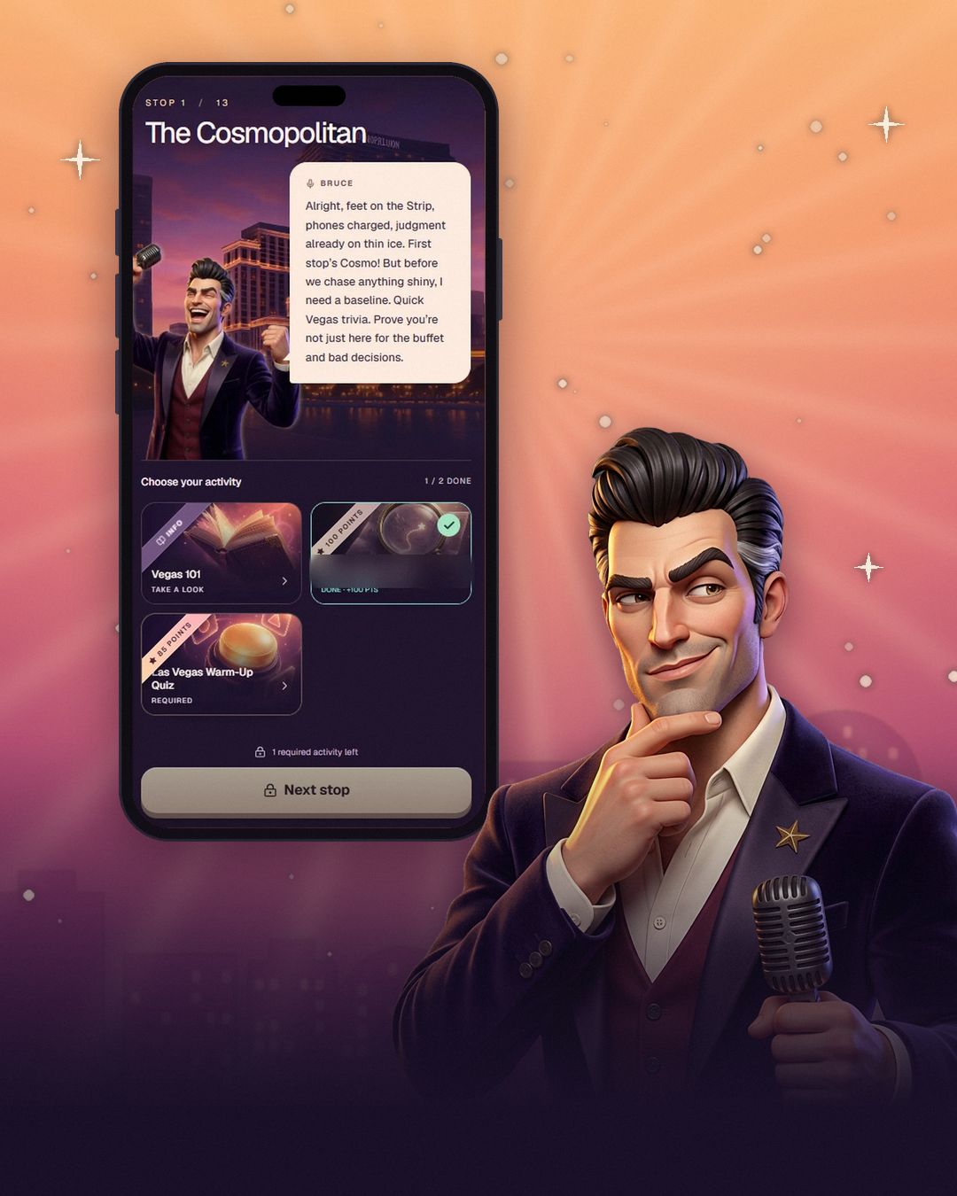 Bruce, City Clue's cartoon comedian host, next to a phone showing the game's first stop at The Cosmopolitan, against a glowing Las Vegas dusk sky