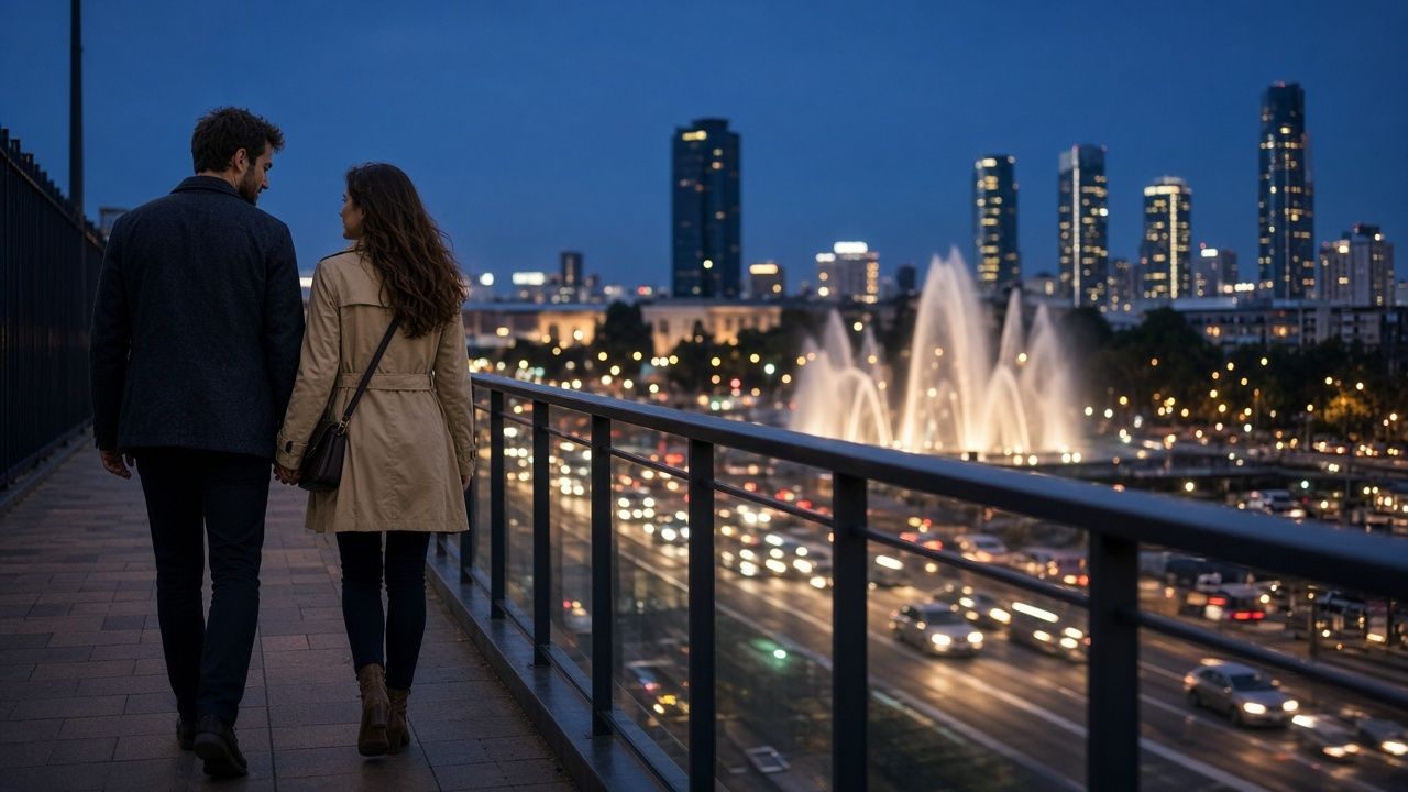 An adult couple walks across a pedestrian bridge above a lit boulevard at dusk.
