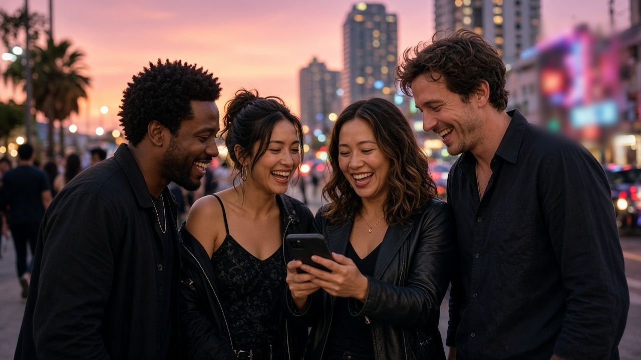 Four adults laugh at a phone on a sidewalk at dusk, with neon lights behind them.