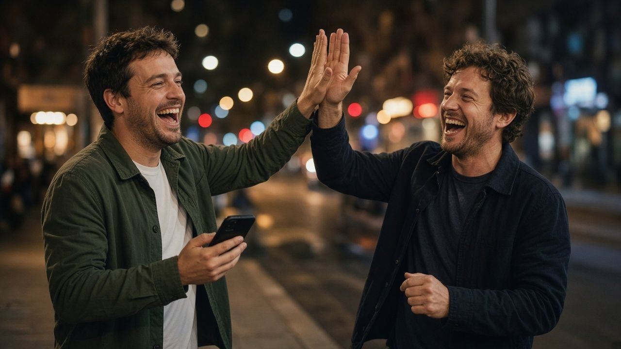 Two adults high-five on a city sidewalk at night, one holding a phone, with neon lights behind them.