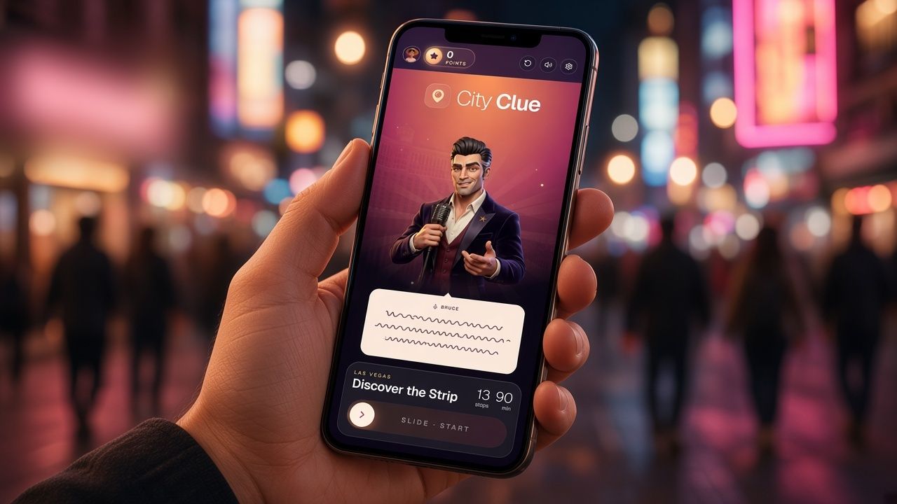 A hand holds a phone at night. The screen shows a cartoon host on a purple game, with neon lights behind.