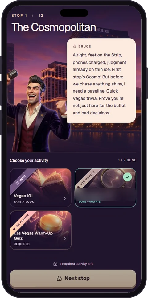 A phone showing City Clue's first stop at The Cosmopolitan. One activity title is blurred so the clue stays hidden.