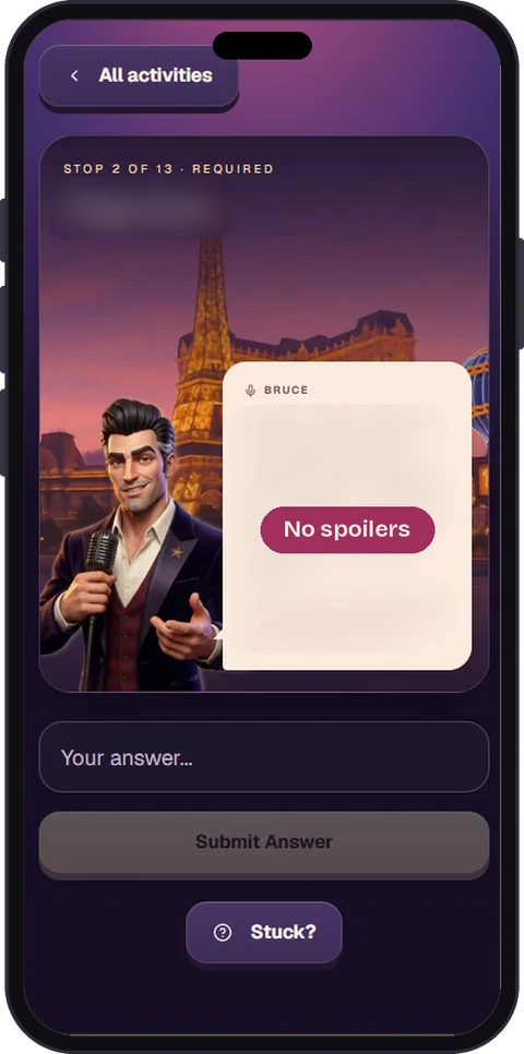A phone showing a hunt-for-details challenge. The title and prompt are blurred.