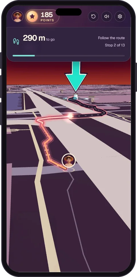 A phone showing a map between stops. The next stop name is blurred.
